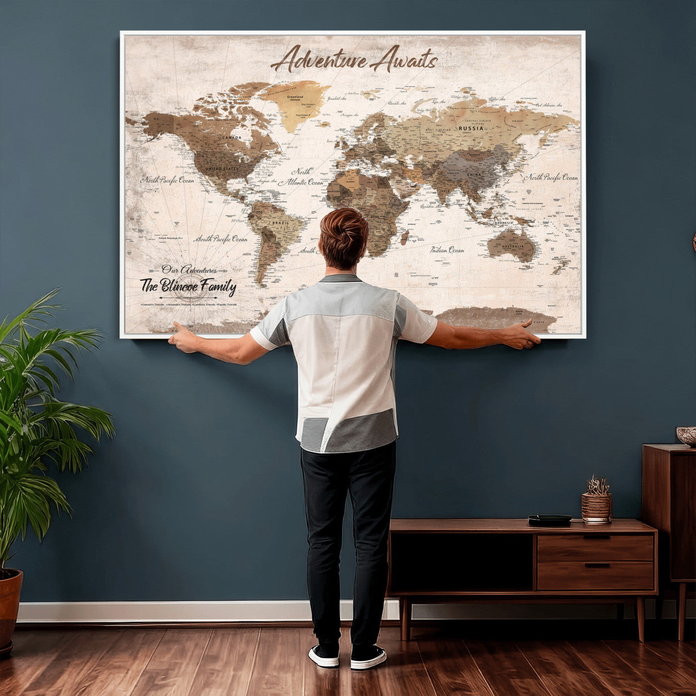 70887266-MGV-CV-36X24 - Custom Push Pin World Map Wall Art Canvas Print – Personalized Travel Tracker with Pins Framed Large for Home and Office Decor