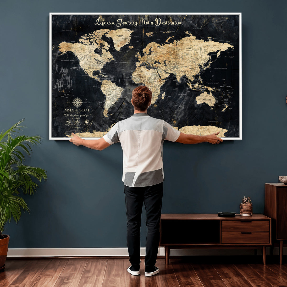 NEWMAP-13-MGV-CV-36X24 - Personalized Framed Navy Modern Push Pin World Map Canvas Print, Couples Countries Visited Map, Family Room and Study Decor