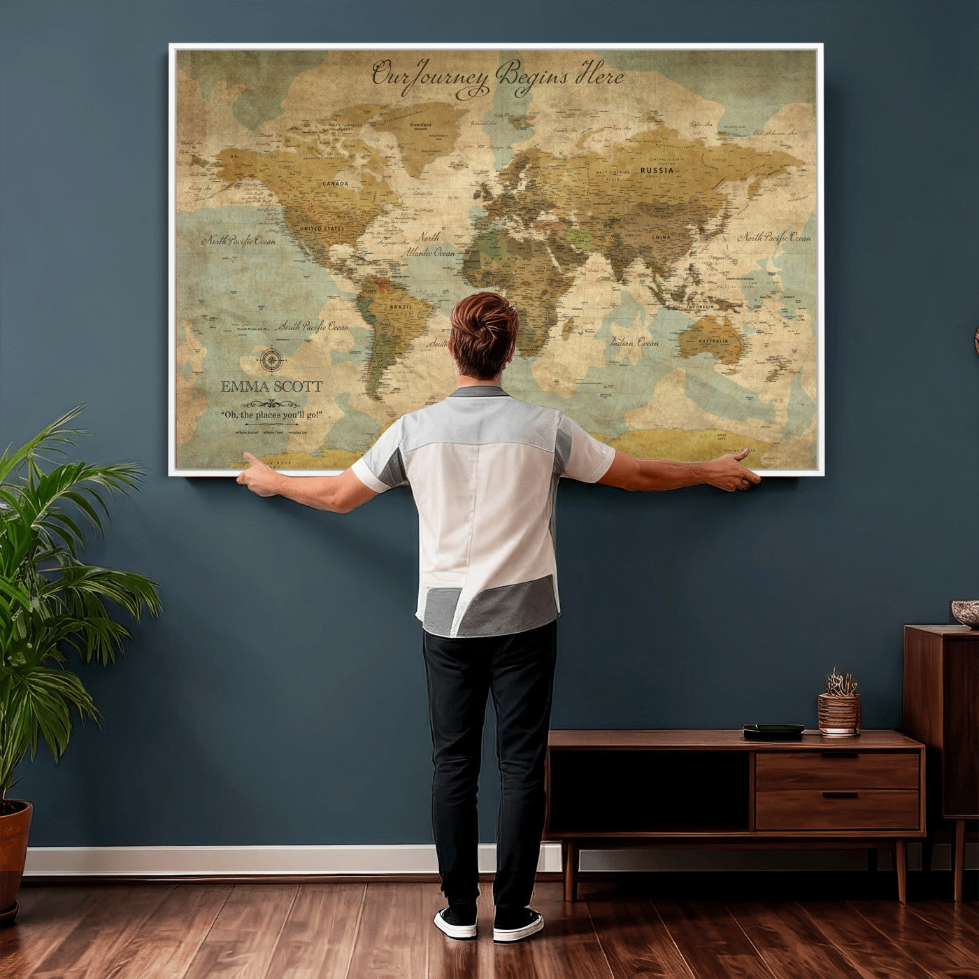 66550749-MGV-CV-36X24 - Custom Push Pin World Map Wall Art Canvas Print – Personalized Travel Tracker with Pins Framed Large for Home and Office Decor