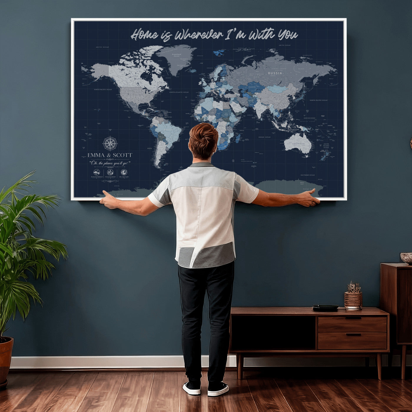 NEWMAP-18-MGV-CV-36X24 - Custom Push Pin World Map Wall Art Canvas Print – Personalized Travel Tracker with Pins Framed Large Print - NEWMAP-18