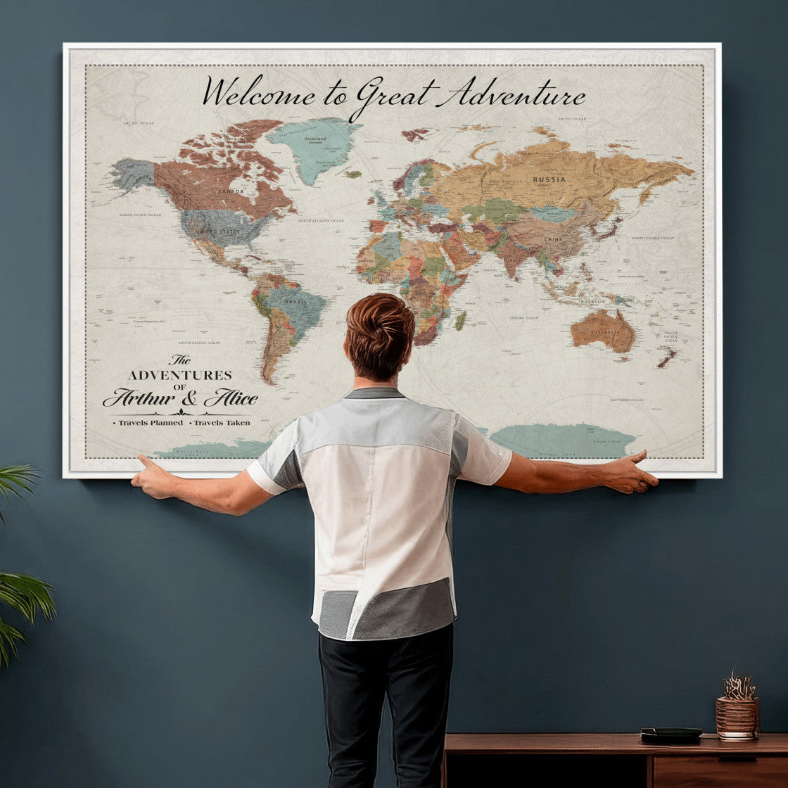 32470528-MGV-CV-36X24 - Custom Push Pin World Map Wall Art Canvas Print – Personalized Travel Tracker with Pins Framed Large for Home and Office Decor
