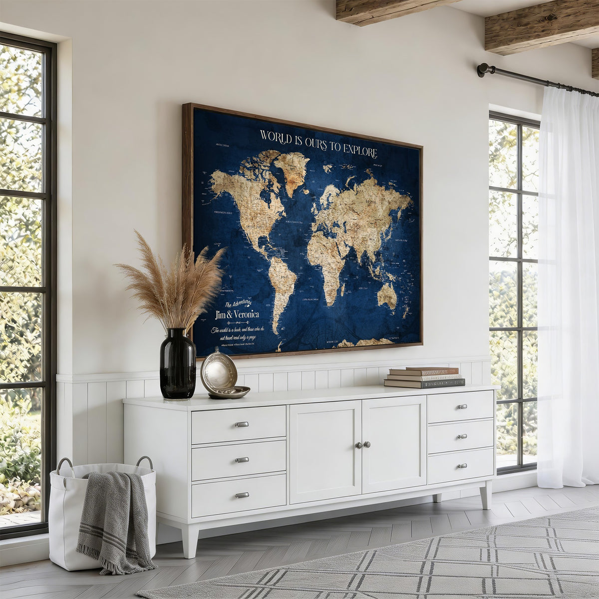 35296308-MGV-CV-36X24 - Custom Navy World Map Canvas with Push Pins, Family Travel Tracker, Living Room and Family Room Decor