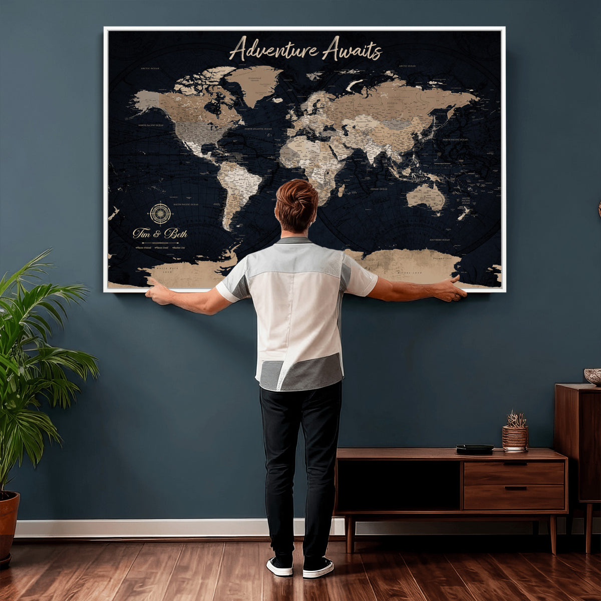 66938317-MGV-CV-36X24 - Custom Push Pin World Map Wall Art Canvas Print | Personalized Travel Tracker with Pins Framed Large for Home and Office Decor