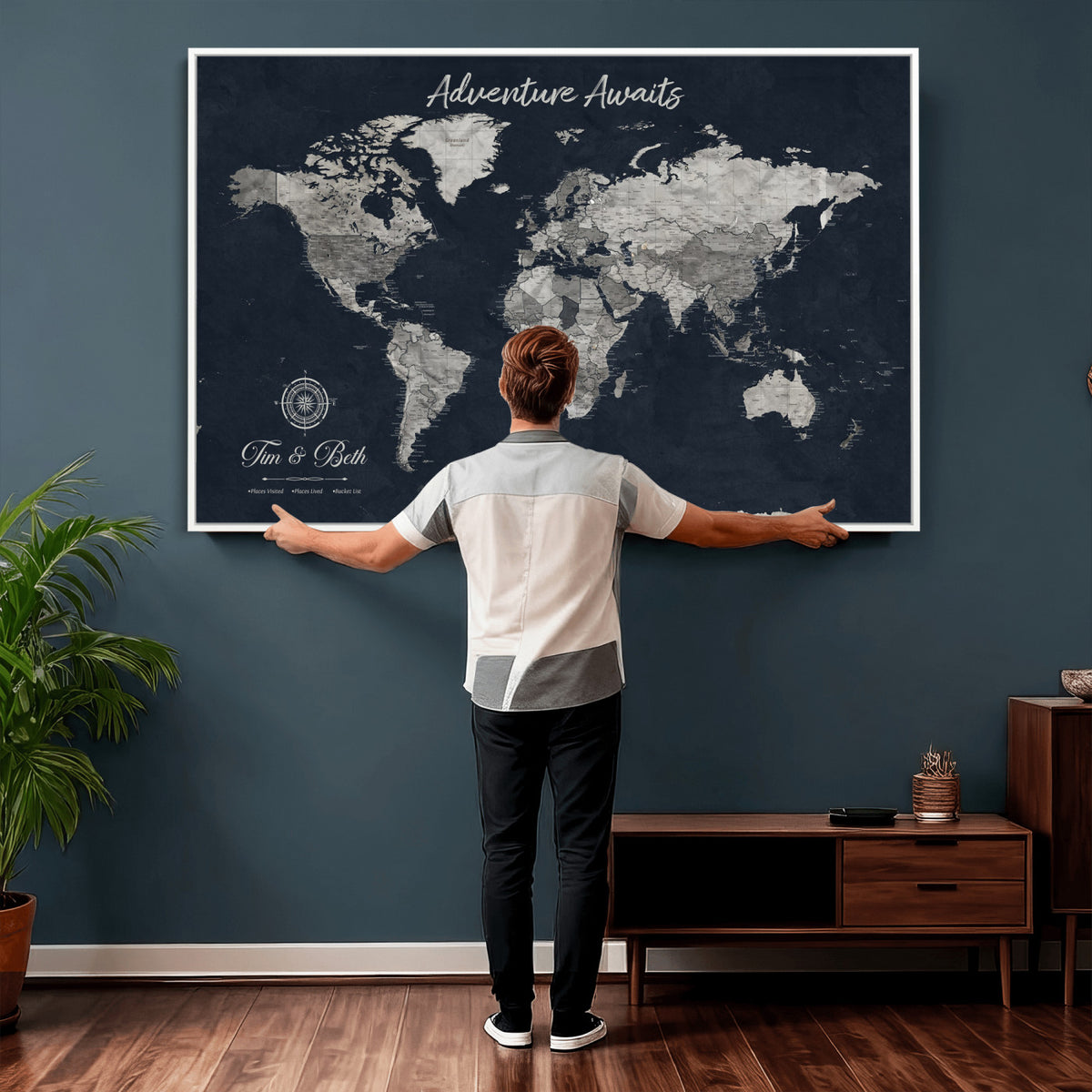 32031089-MGV-CV-36X24 - Custom Push Pin World Map Wall Art Canvas Print | Personalized Travel Tracker with Pins Framed Large for Home and Office Decor