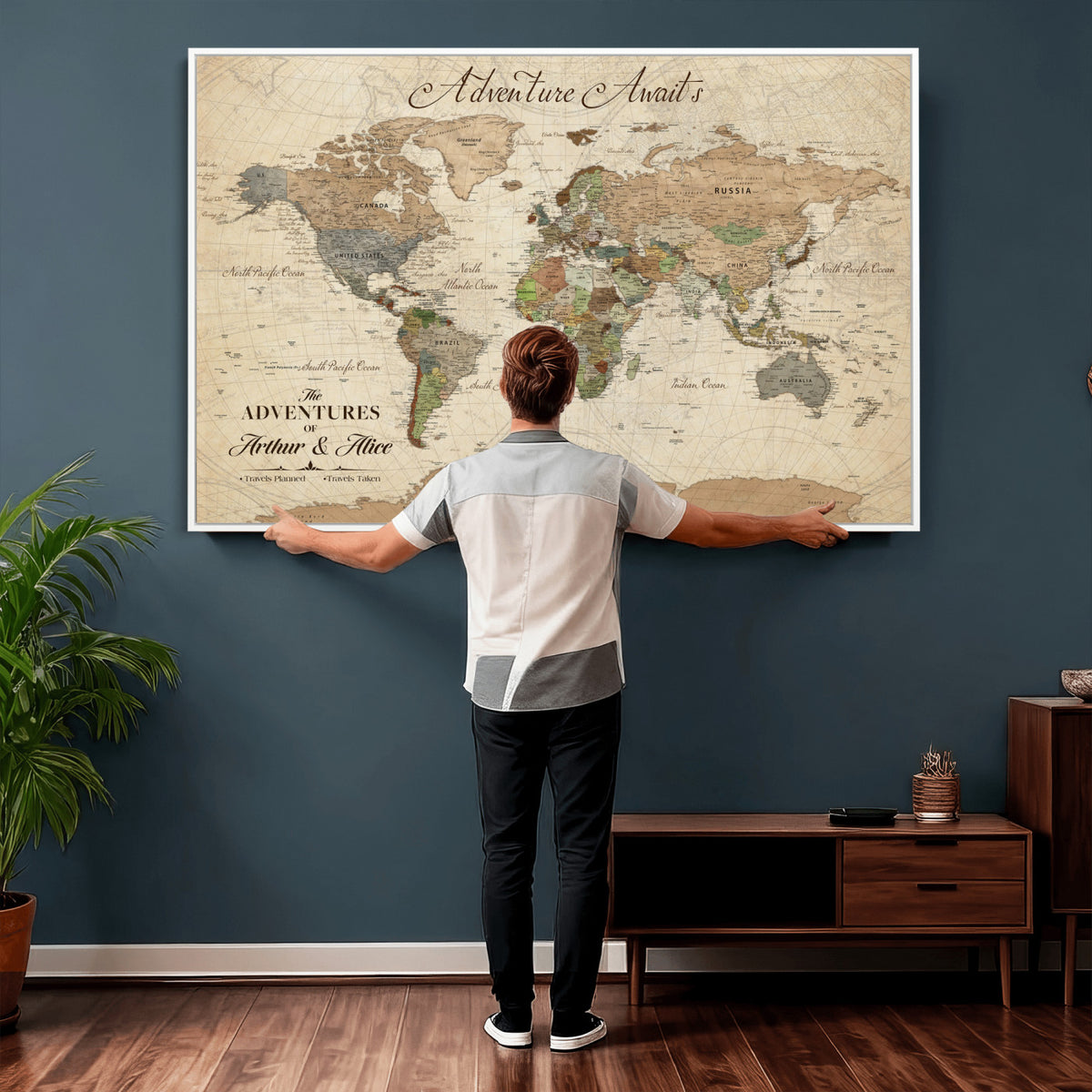 18308111-MGV-CV-36X24 - Custom Push Pin World Map Wall Art Canvas Print | Personalized Travel Tracker with Pins Framed Large for Home and Office Decor