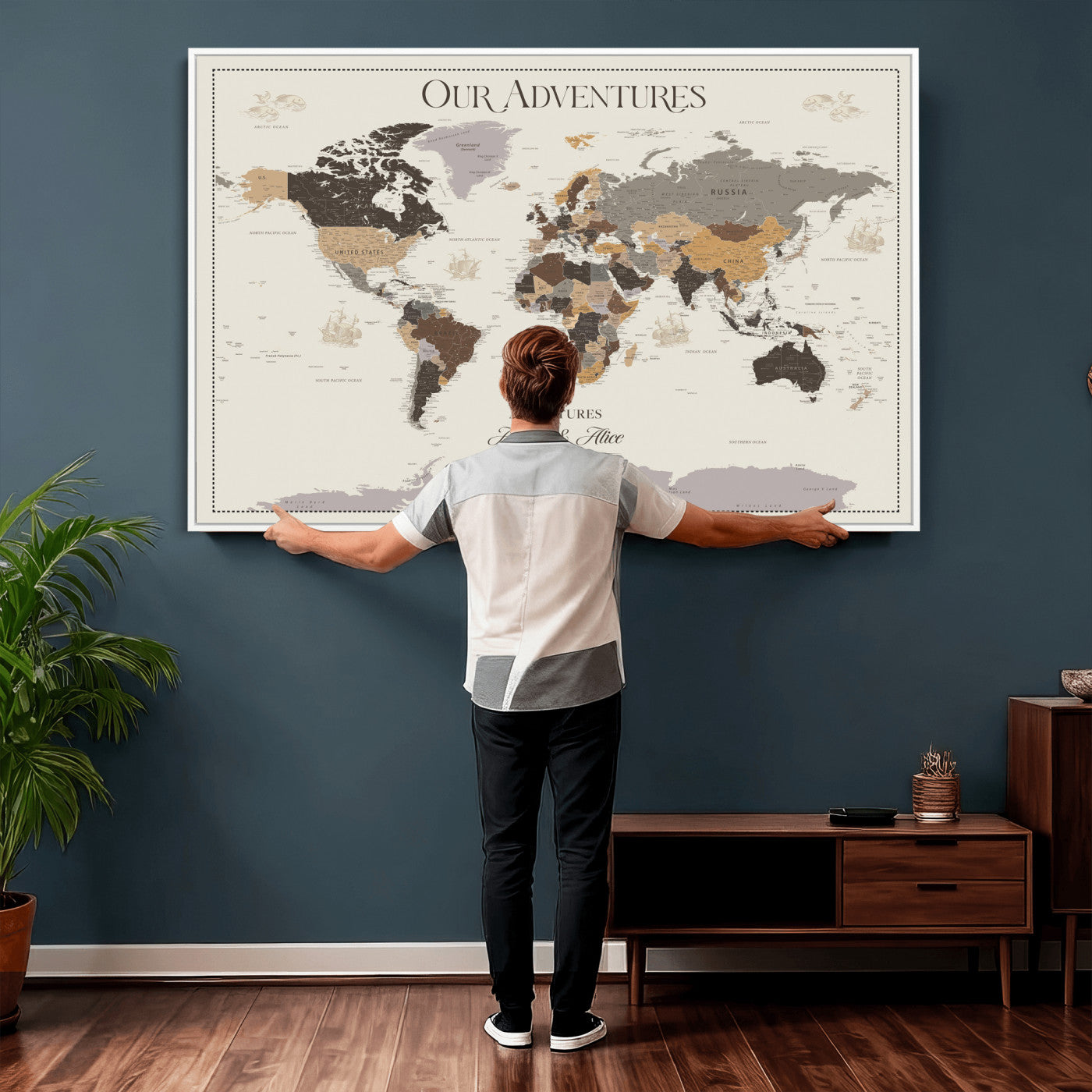 66301646-MGV-CV-36X24 - Custom Push Pin World Map Wall Art Canvas Print – Personalized Travel Tracker with Pins Framed Large for Home and Office Decor