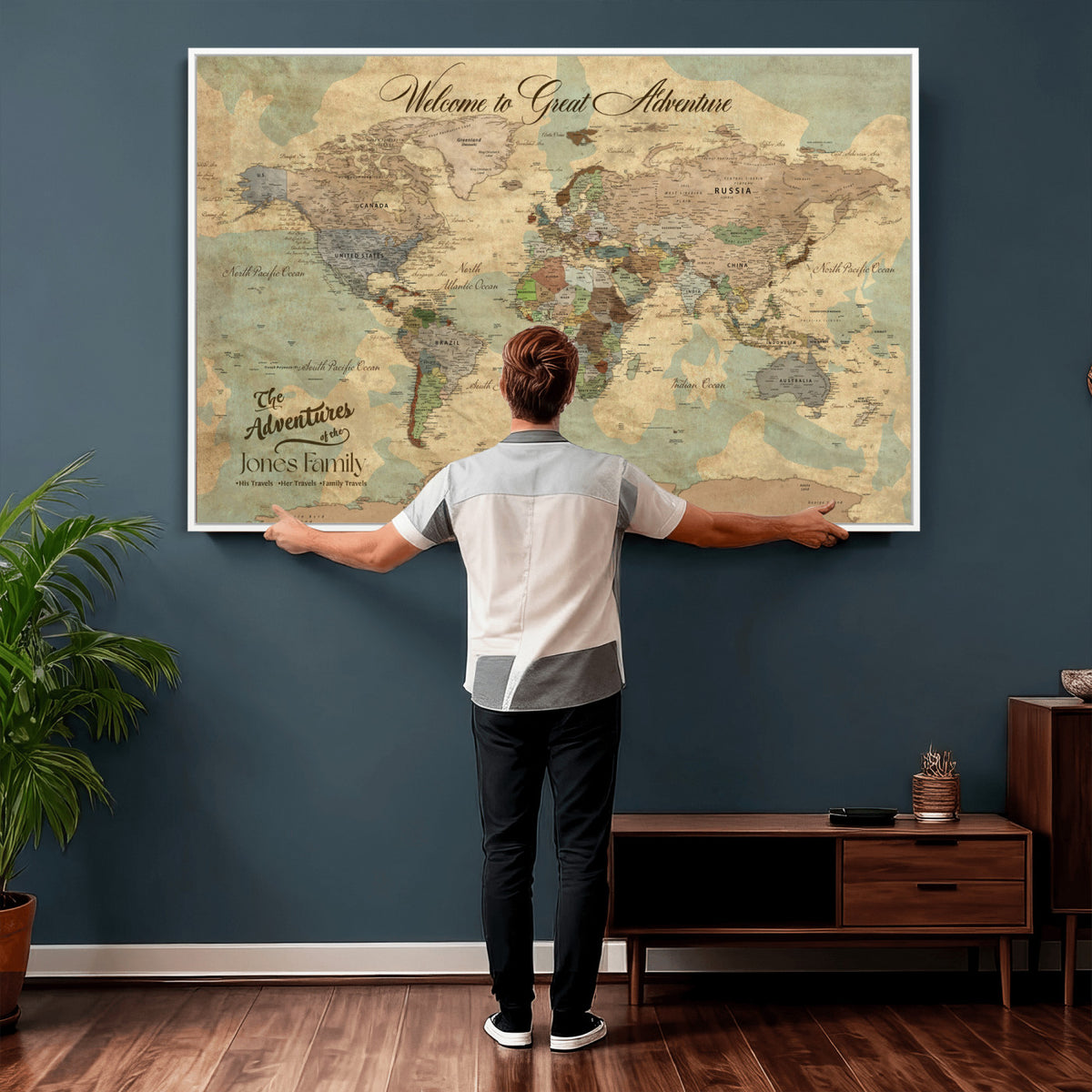 38092909-MGV-CV-36X24 - Personalized Framed Navy Vintage Push Pin World Map Wall Art, Places Visited Tracker, Bedroom and Hallway Decor