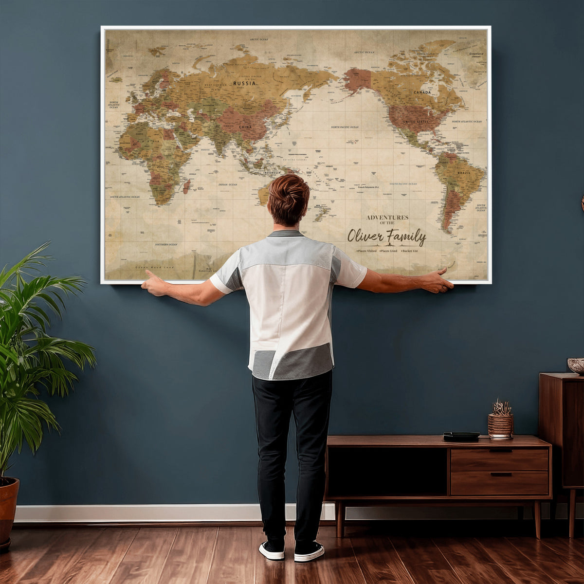 19347393-MGV-CV-36X24 - Personalized Framed Navy Modern World Map Canvas with Push Pins, Bucket List Map, Living Room and Entryway Decor