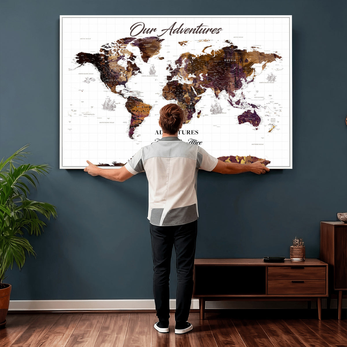 95729279-MGV-CV-36X24 - Personalized Framed Beige Vintage Push Pin Travel Map Canvas Print, Next Trip Planner Map, Home Office and Entryway Decor