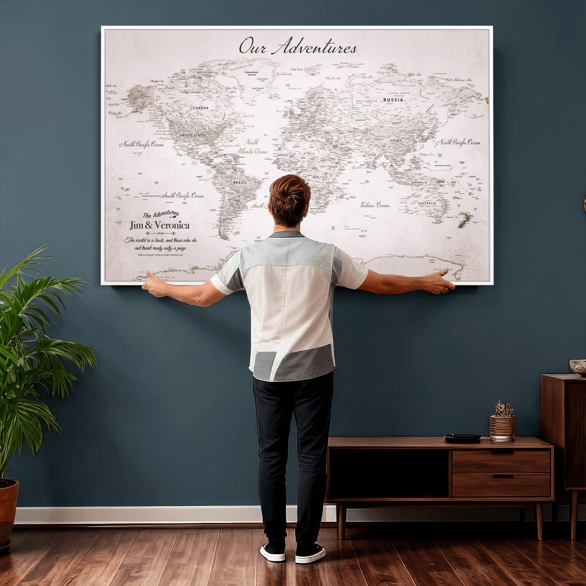 62392749-MGV-CV-36X24 - Personalized Beige Vintage World Travel Map Wall Art with Pins, Honeymoon and Anniversary Gift, Entryway and Hallway Decor