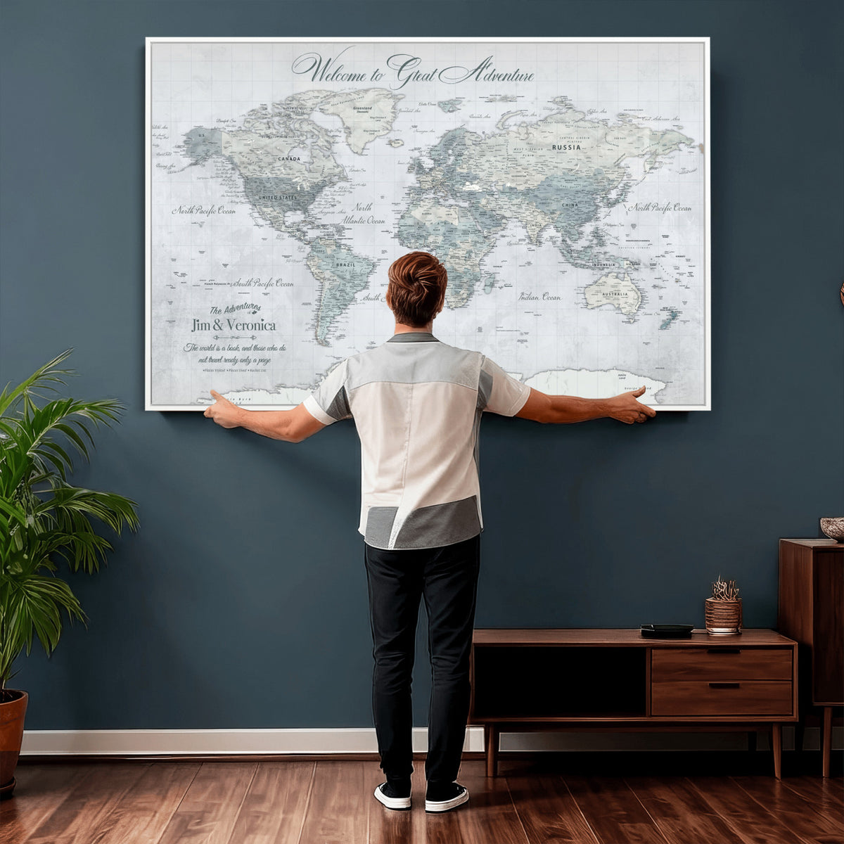 55391088-MGV-CV-36X24 - Personalized Beige Antique Push Pin World Map Canvas Print, Family Travel Tracker, Family Room and Entryway Decor