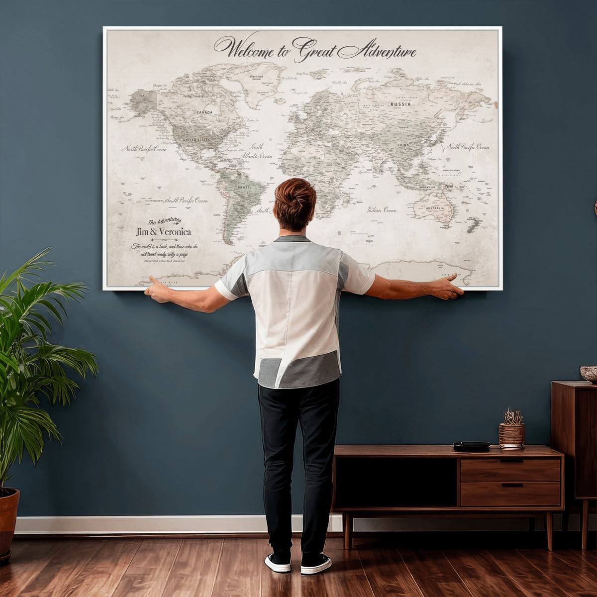 84311132-MGV-CV-36X24 - Personalized Beige World Map Canvas with Push Pins, Places Visited Tracker, Family Room and Entryway Decor