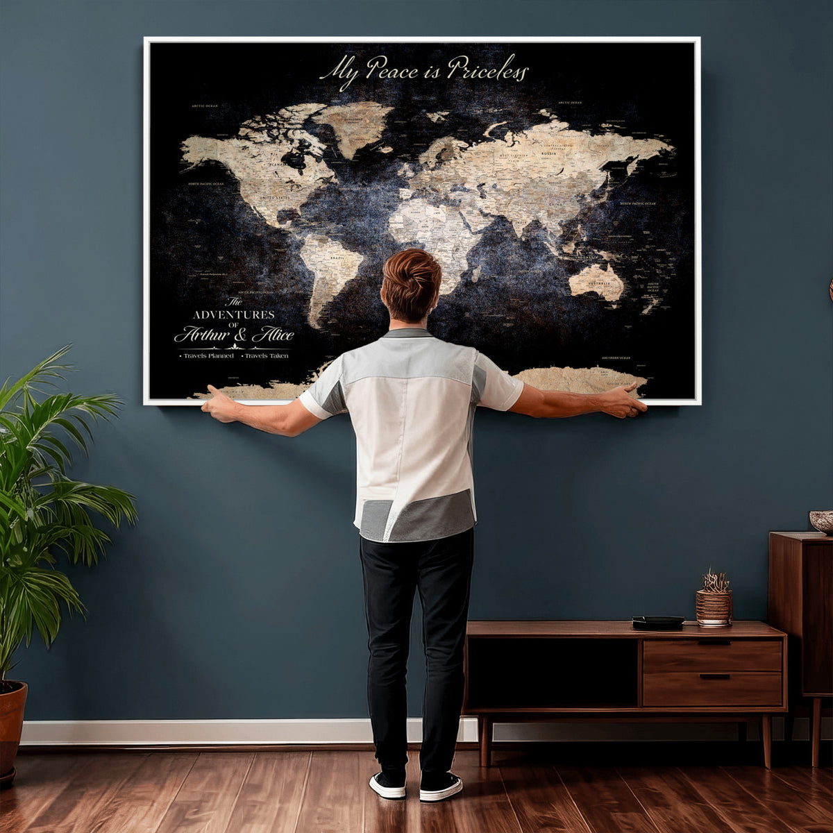 38689152-MGV-CV-36X24 - Personalized Beige World Map Canvas with Push Pins, Couples Countries Visited Map, Study and Hallway Decor