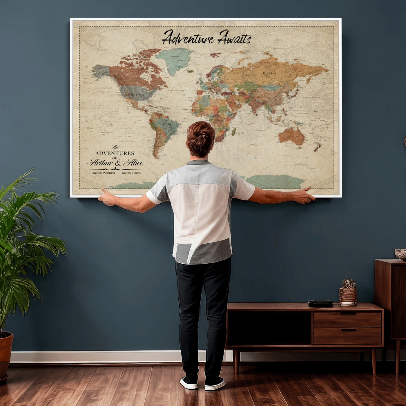 10741176-MGV-CV-36X24 - Custom Push Pin World Map Wall Art Canvas Print – Personalized Travel Tracker with Pins Framed Large for Home and Office Decor
