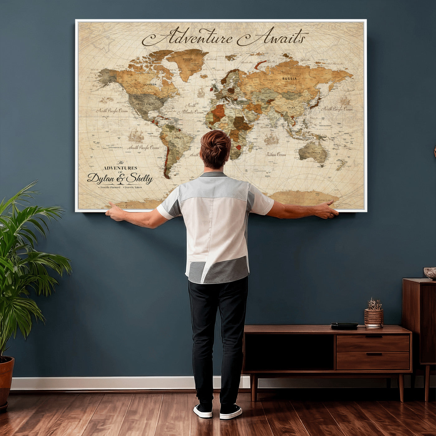 96009630-MGV-CV-36X24 - Custom Push Pin World Map Wall Art Canvas Print – Personalized Travel Tracker with Pins Framed Large for Home and Office Decor