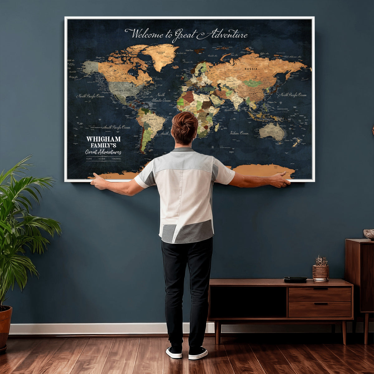 66788995-MGV-CV-36X24 - Custom Push Pin World Map Wall Art Canvas Print | Personalized Travel Tracker with Pins Framed Large for Home and Office Decor