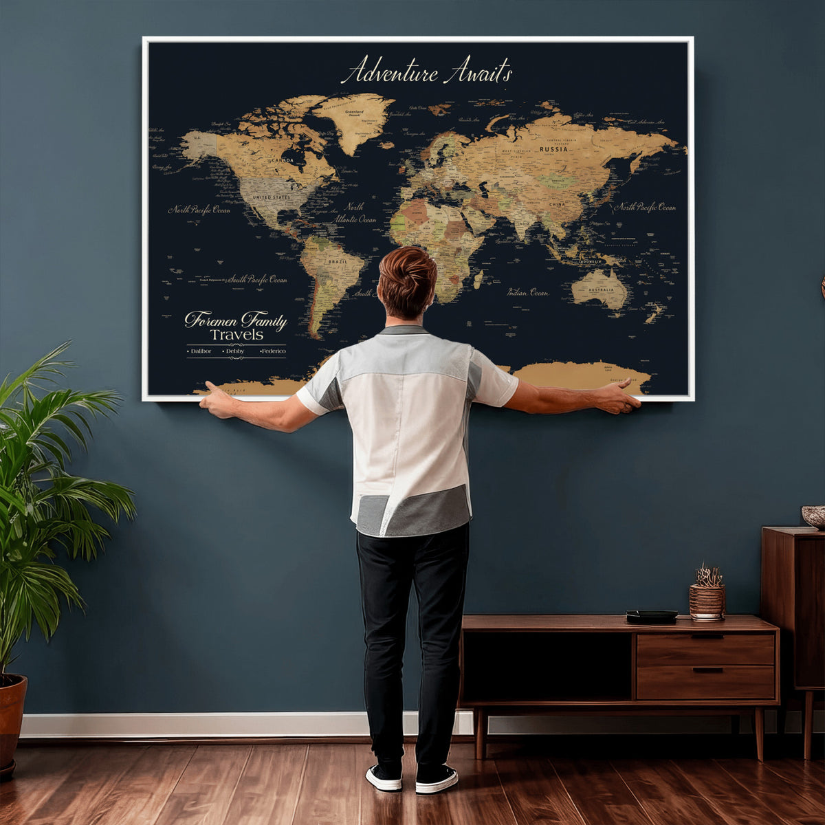 31781393-MGV-CV-36X24 - Custom Push Pin World Map Wall Art Canvas Print | Personalized Travel Tracker with Pins Framed Large for Home Decor