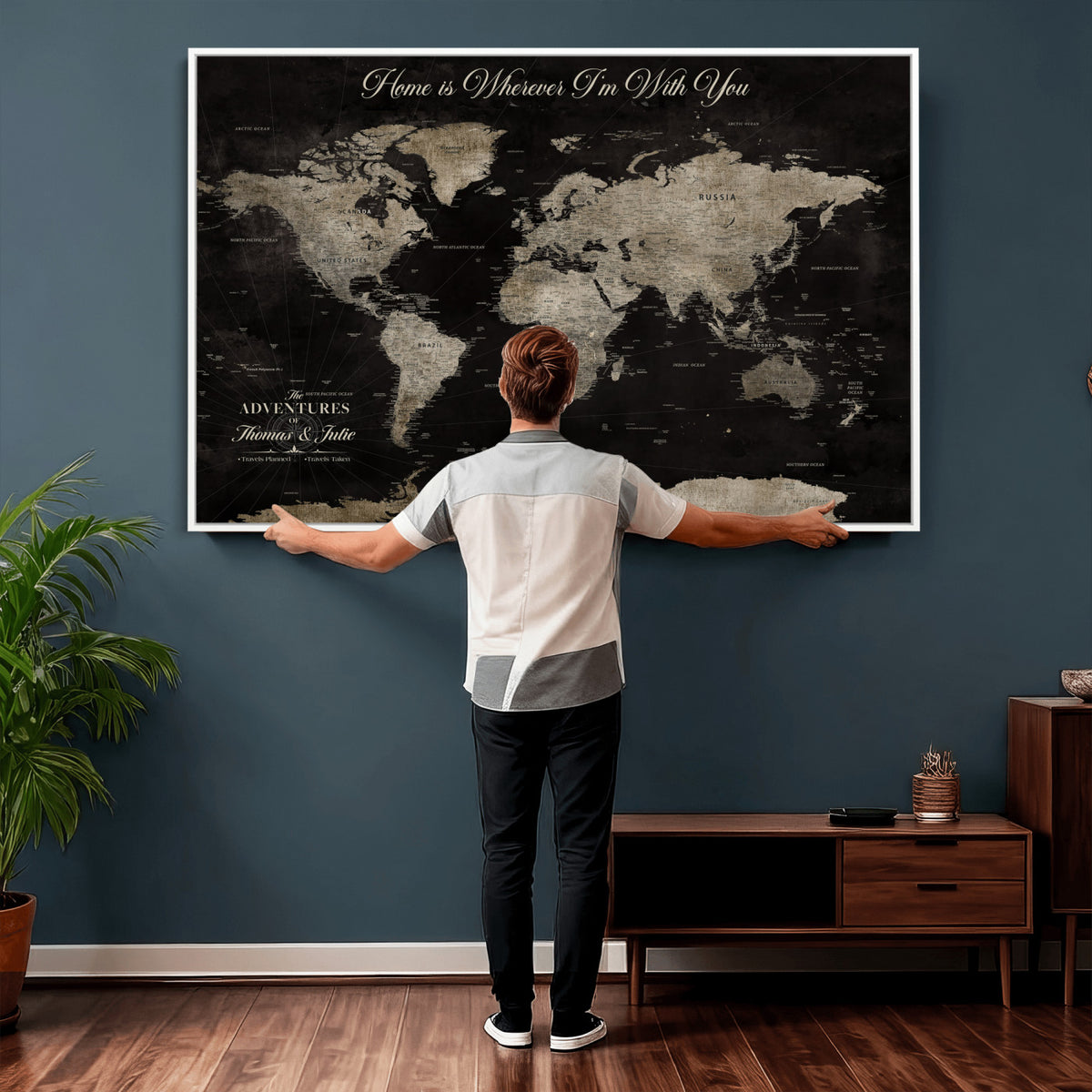 28461537-MGV-CV-36X24 - Personalized Framed Black Geometric World Map Canvas with Push Pins, Bucket List Map, Living Room and Dining Room Decor