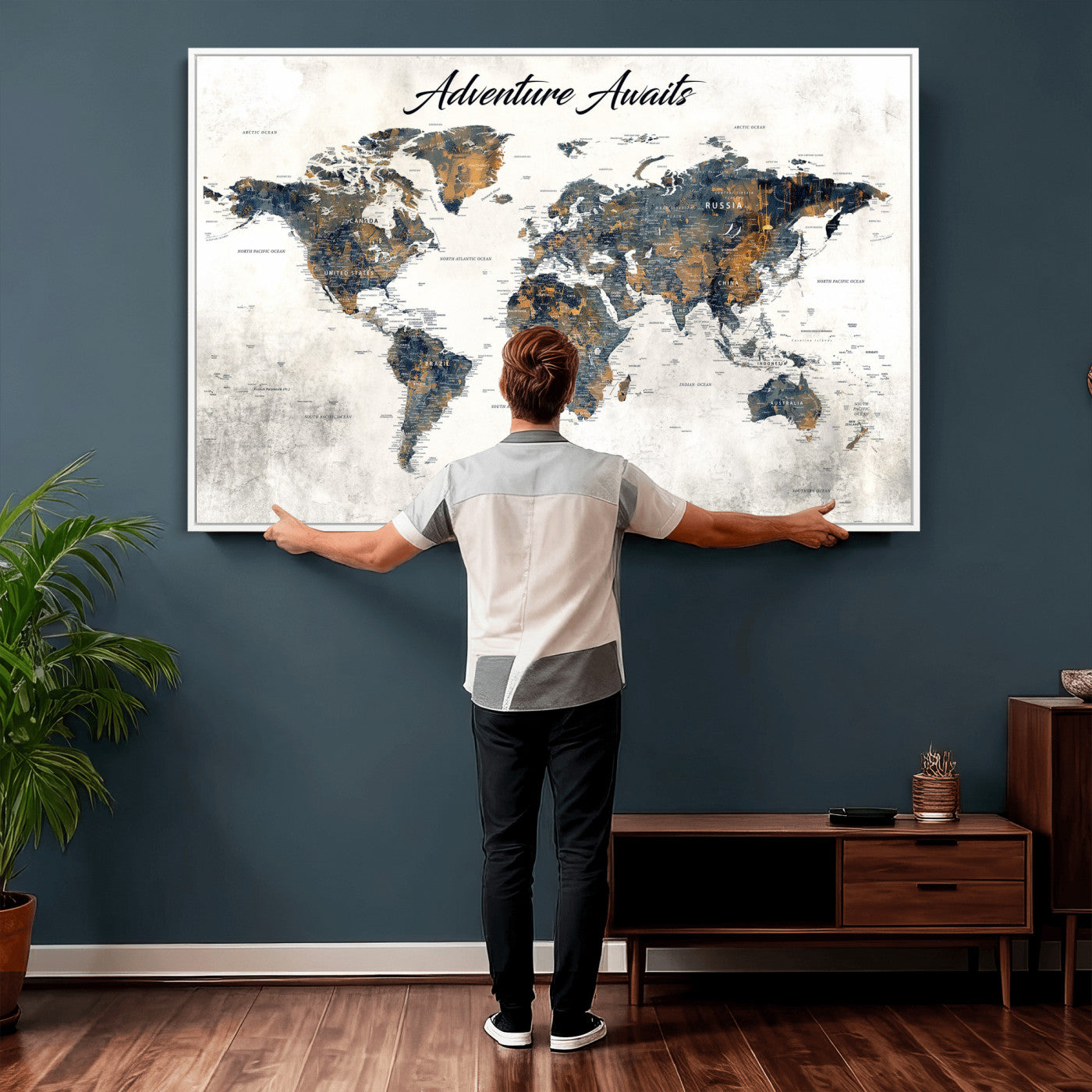 26041262-MGV-CV-36X24 - Custom Push Pin World Map Wall Art Canvas Print – Personalized Travel Tracker with Pins Framed Large for Home and Office Decor