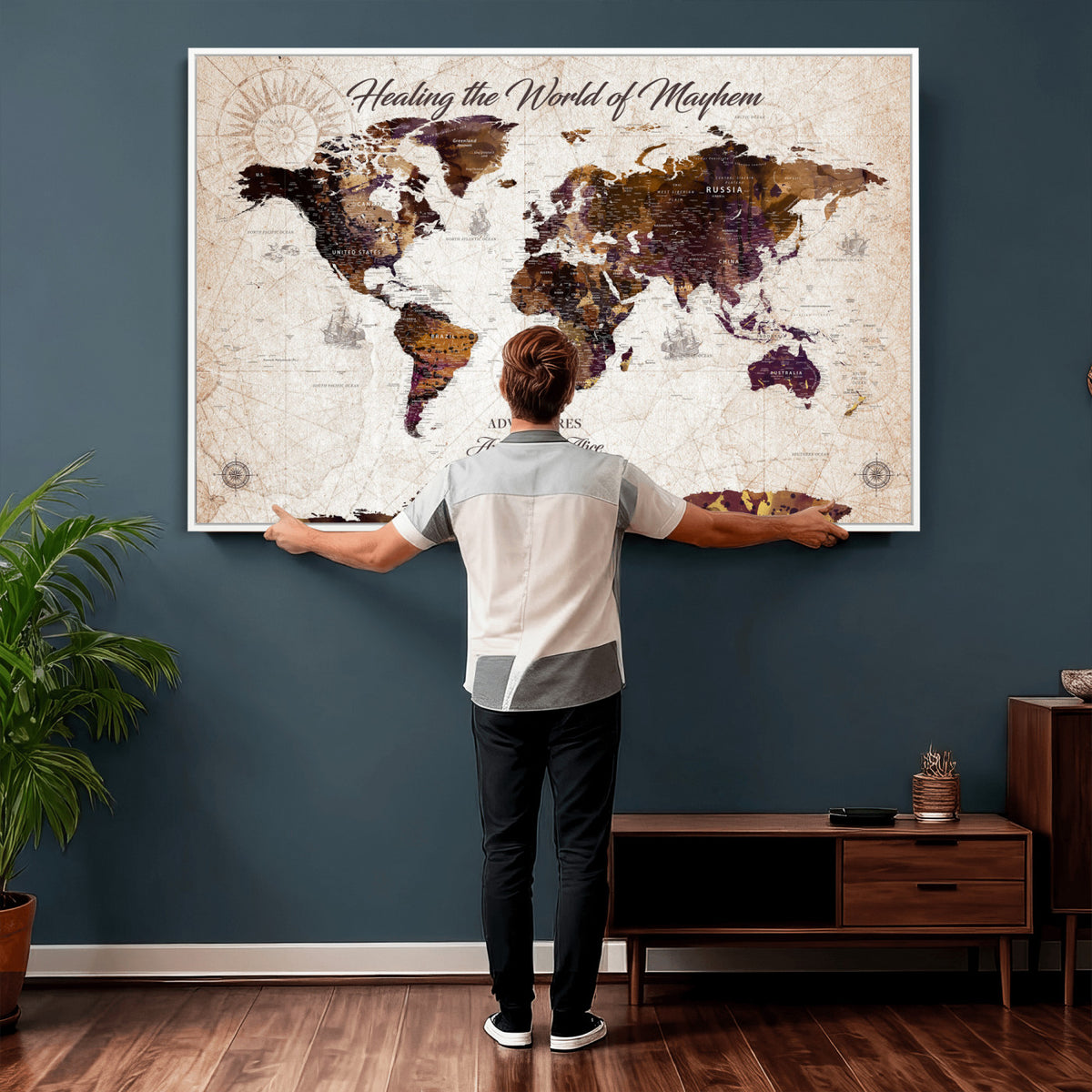 20154714-MGV-CV-36X24 - Custom Push Pin World Map Wall Art Canvas Print | Personalized Travel Tracker with Pins Framed Large for Home and Office Decor