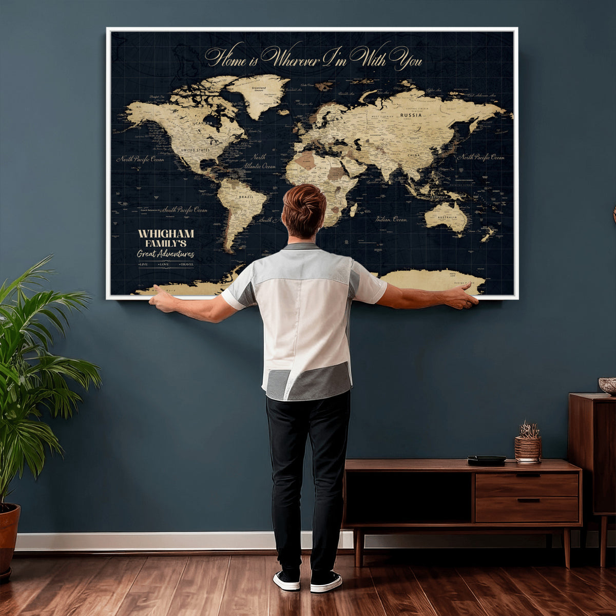 86888698-MGV-CV-36X24 - Custom Push Pin World Map Wall Art Canvas Print | Personalized Travel Tracker with Pins Framed Large for Home and Office Decor