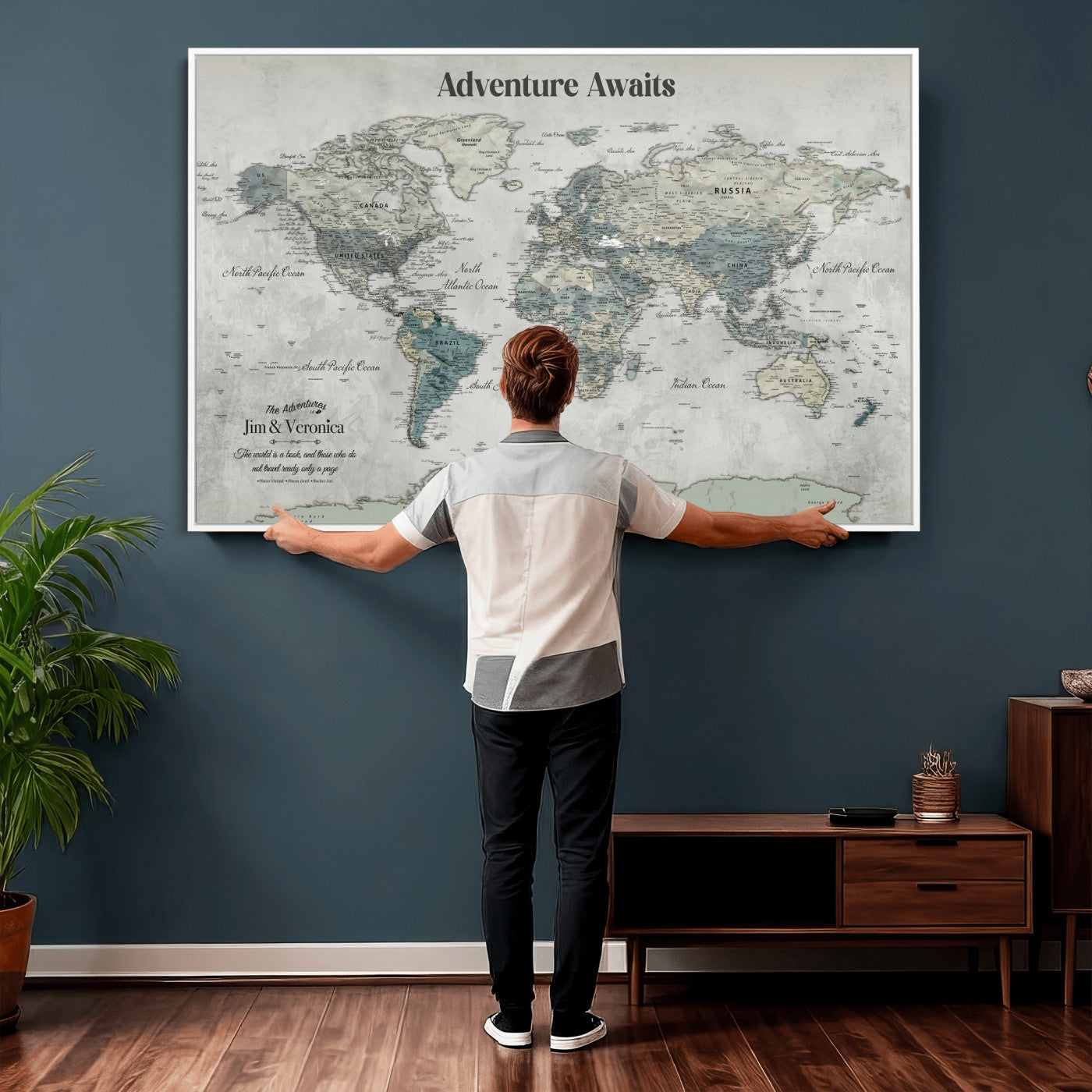 11945570-MGV-CV-36X24 - Custom Push Pin World Map Wall Art Canvas Print – Personalized Travel Tracker with Pins Framed Large for Home and Office Decor
