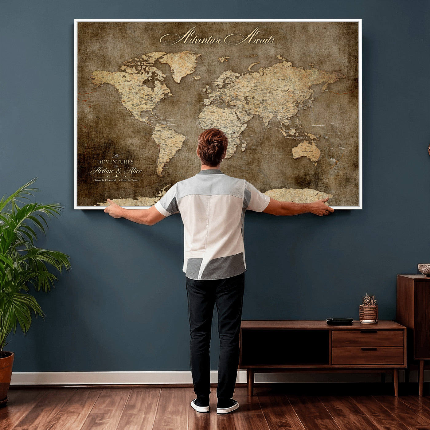 61836190-MGV-CV-36X24 - Custom Push Pin World Map Wall Art Canvas Print – Personalized Travel Tracker with Pins Framed Large for Home and Office Decor