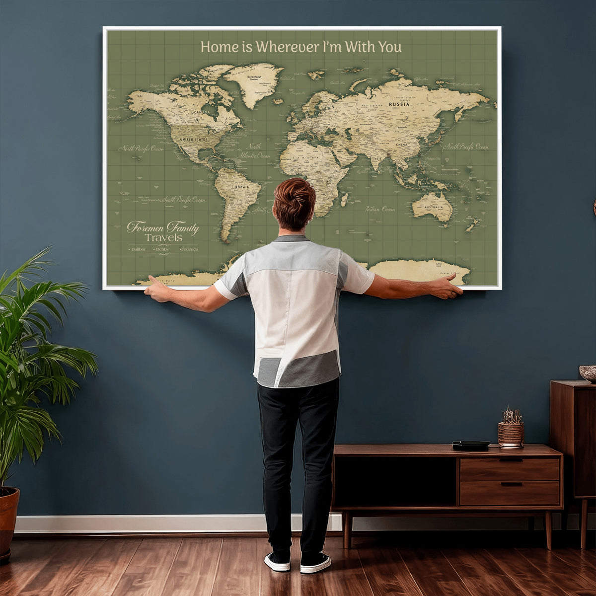 88521244-MGV-CV-36X24 - Custom Push Pin World Map Wall Art Canvas Print | Personalized Travel Tracker with Pins Framed Large for Home and Office Decor