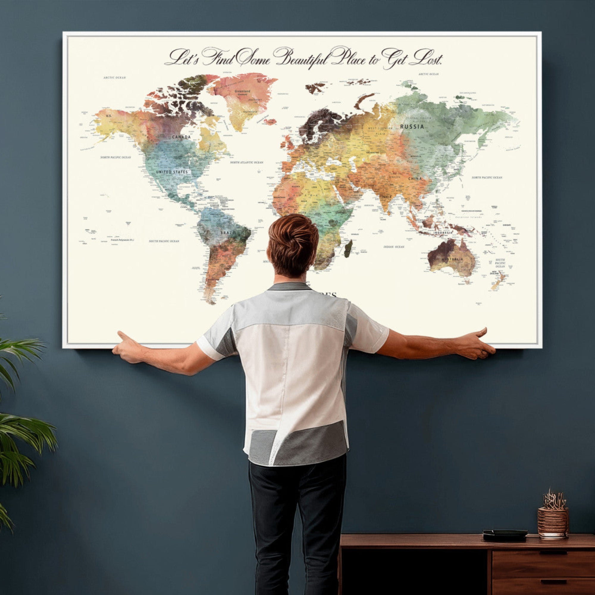 73360781-MGV-CV-36X24 - Custom Push Pin World Map Wall Art Canvas Print – Personalized Travel Tracker with Pins Framed Large for Home and Office Decor