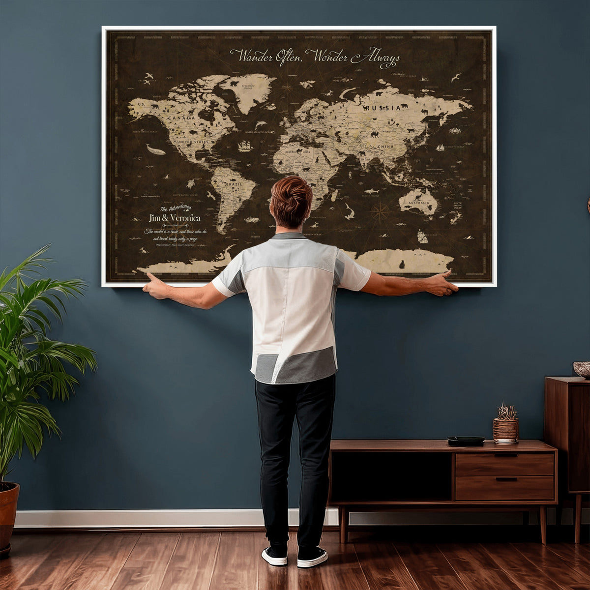 20091587-MGV-CV-36X24 - Personalized Framed Navy Modern Push Pin Travel Map Canvas Print, Places Visited Tracker, Living Room and Home Office Decor