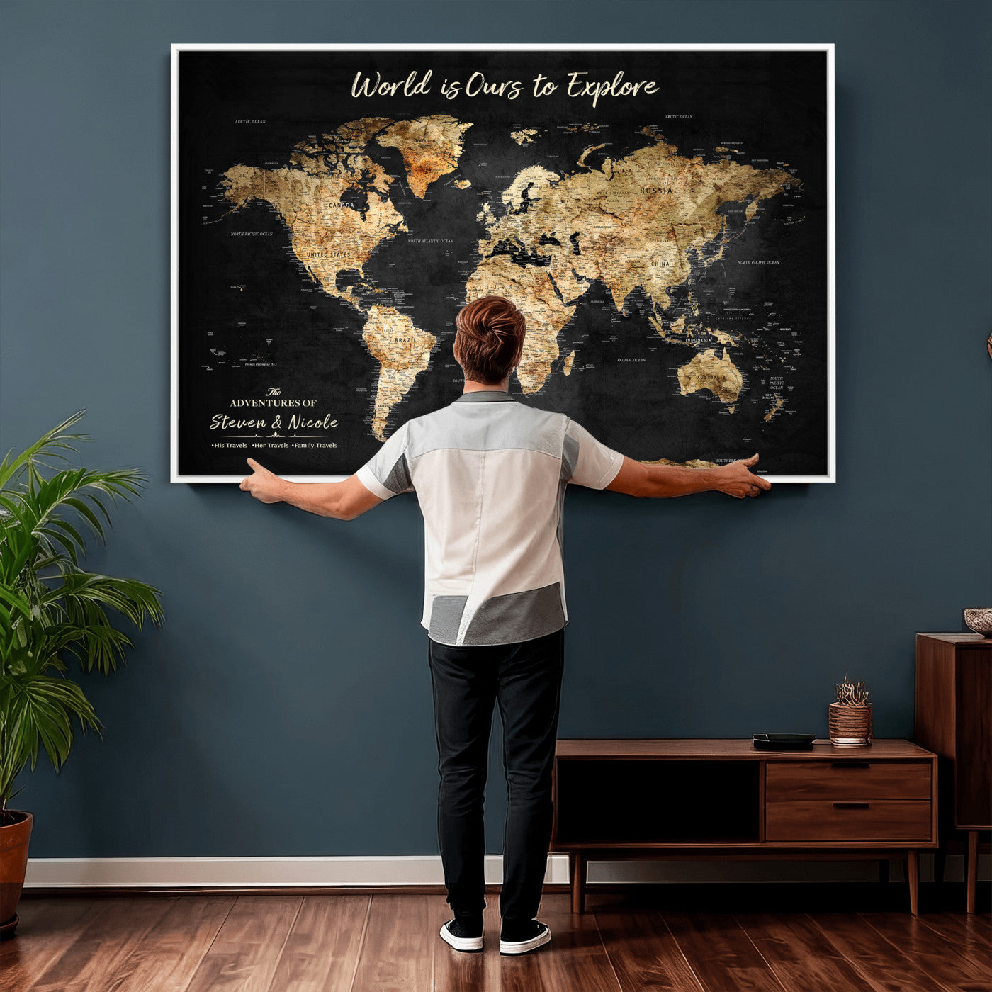 73732636-MGV-CV-36X24 - Custom Push Pin World Map Wall Art Canvas Print – Personalized Travel Tracker with Pins Framed Large for Home and Office Decor