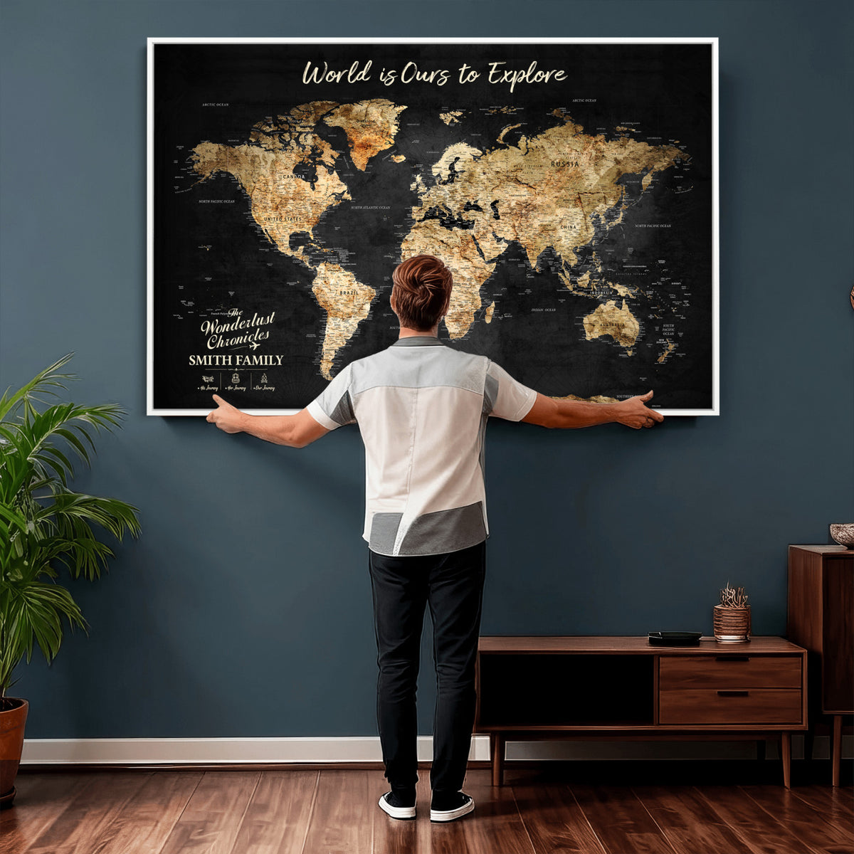 73732636-MGV-CV-36X24 - Custom Push Pin World Map Wall Art Canvas Print – Personalized Travel Tracker with Pins Framed Large for Home and Office Decor