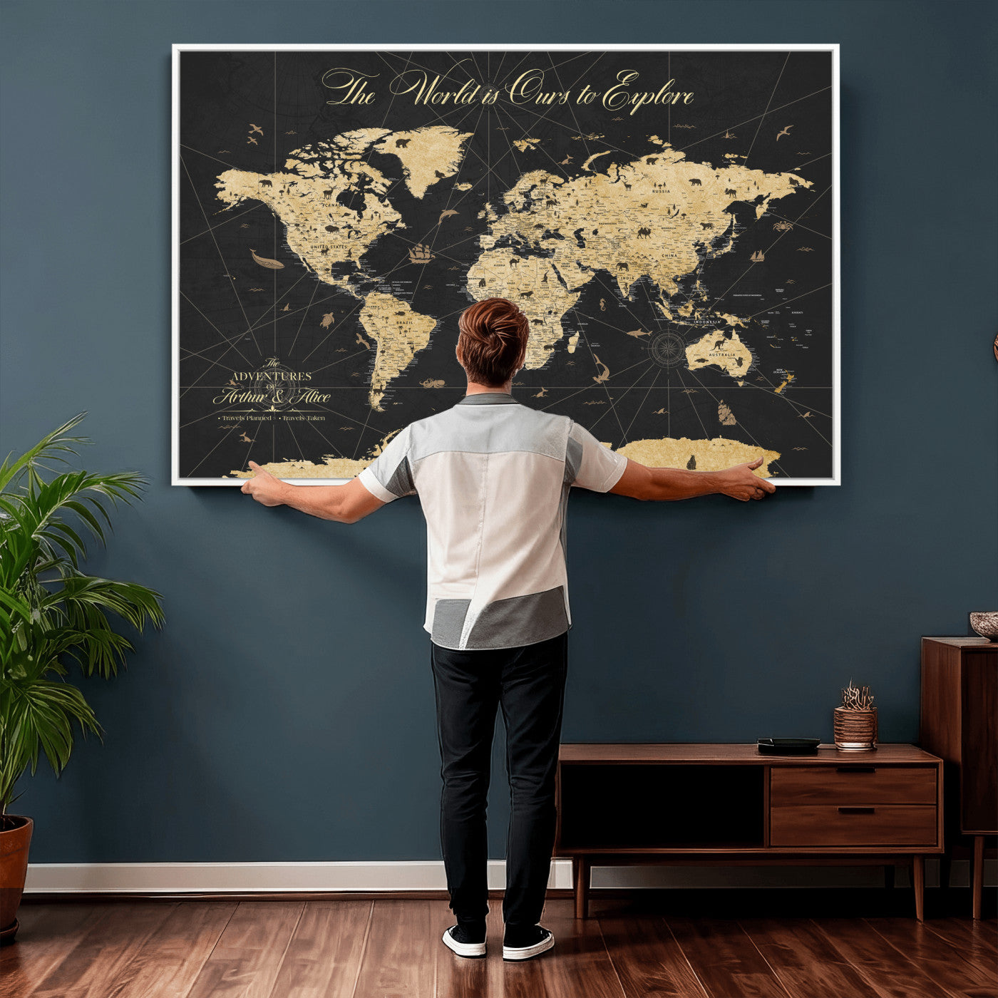 54097664-MGV-CV-36X24 - Custom Push Pin World Map Wall Art Canvas Print – Personalized Travel Tracker with Pins Framed Large for Home and Office Decor