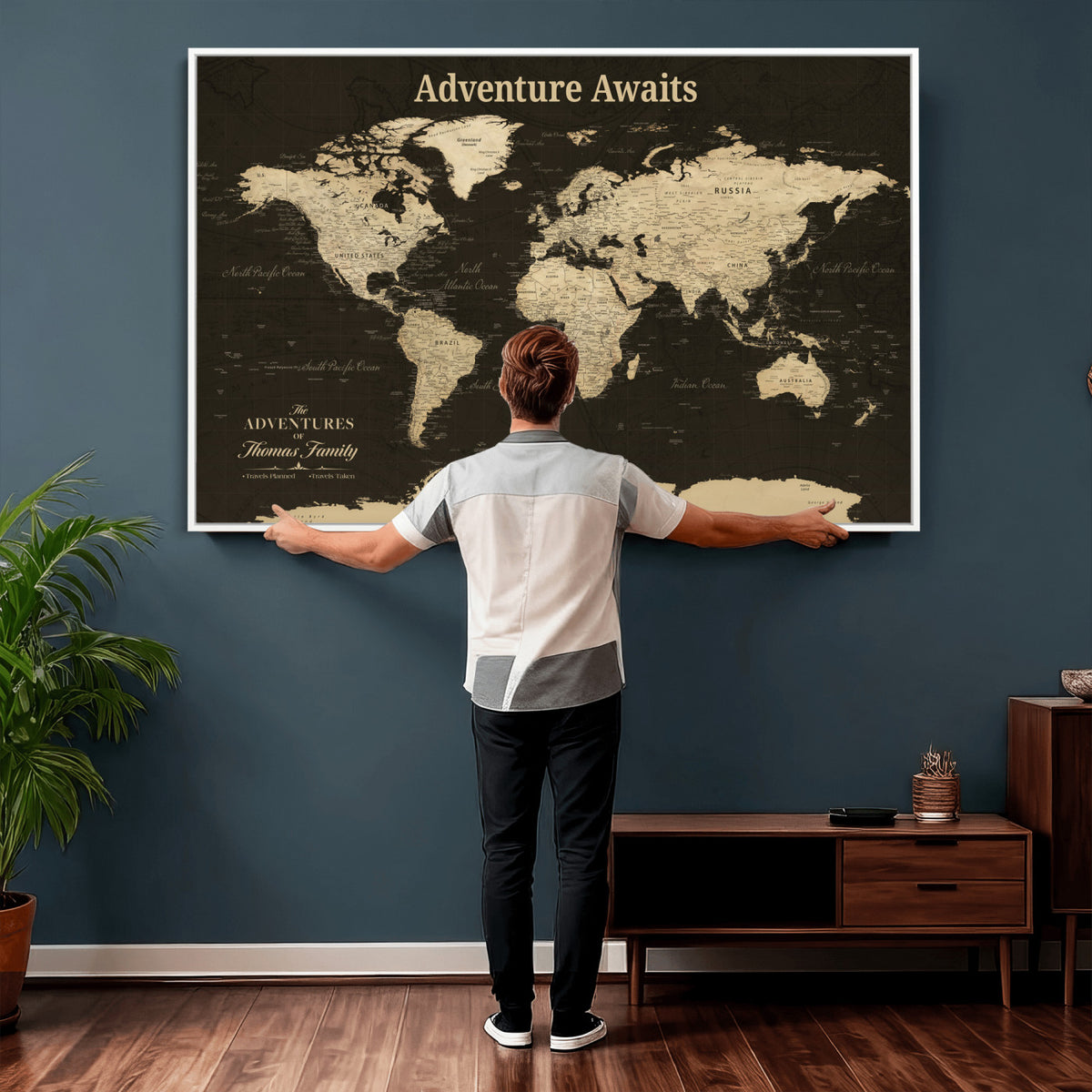 47597338-MGV-CV-36X24 - Custom Push Pin World Map Wall Art Canvas Print | Personalized Travel Tracker with Pins Framed Large for Home and Office Decor