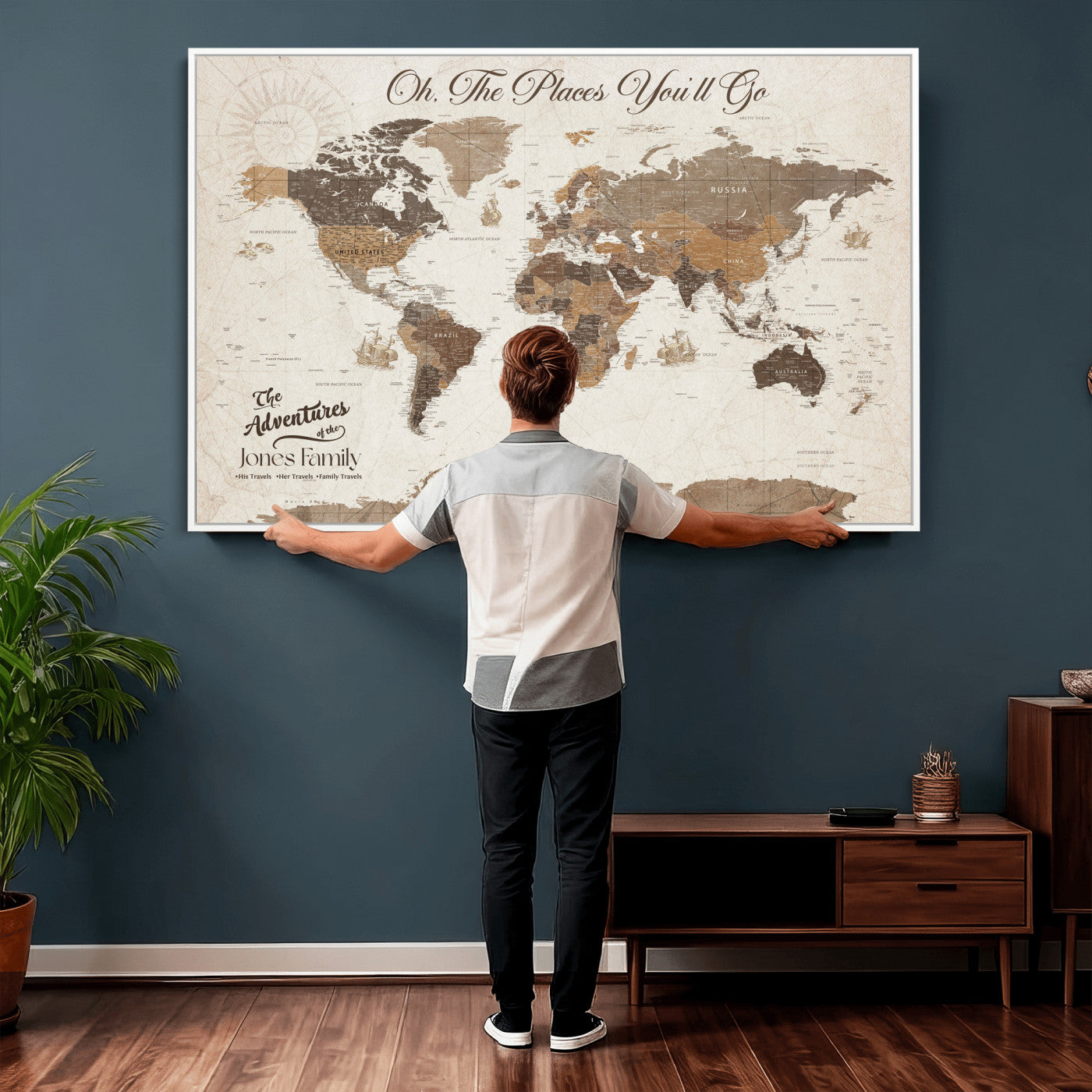 99085321-MGV-CV-36X24 - Custom Push Pin World Map Wall Art Canvas Print – Personalized Travel Tracker with Pins Framed Large for Home and Office Decor
