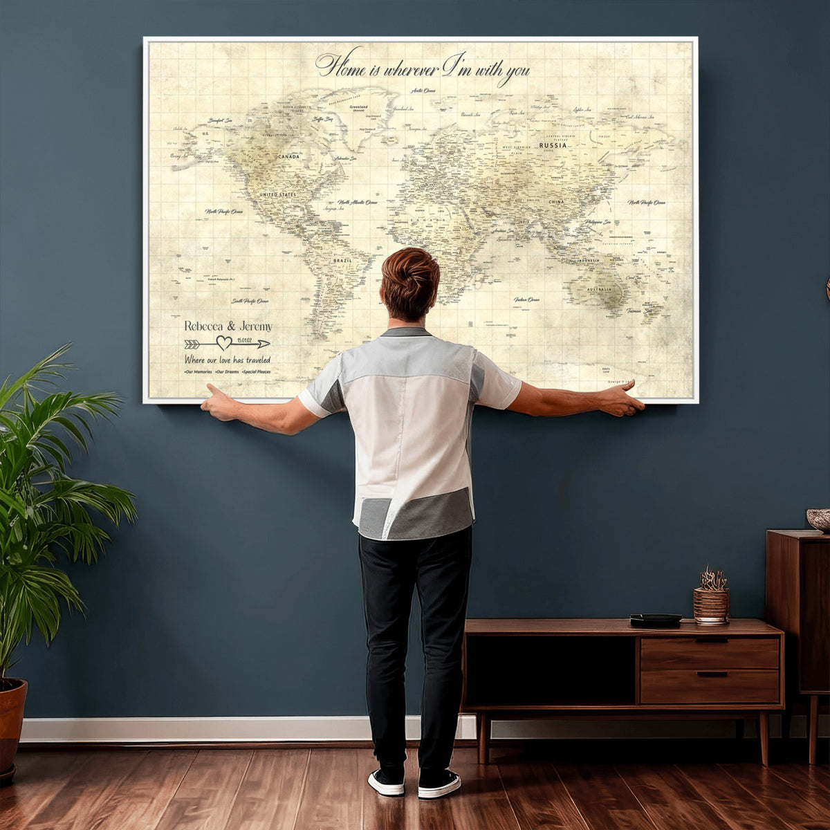 30705590-MGV-CV-36X24 - Custom Push Pin World Map Wall Art Canvas Print | Personalized Travel Tracker with Pins Framed Large for Home and Office Decor