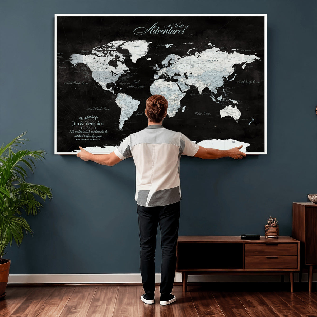 67491071-MGV-CV-36X24 - Custom Beige World Travel Map Wall Art with Pins, Places Visited Tracker, Bedroom and Home Office Decor