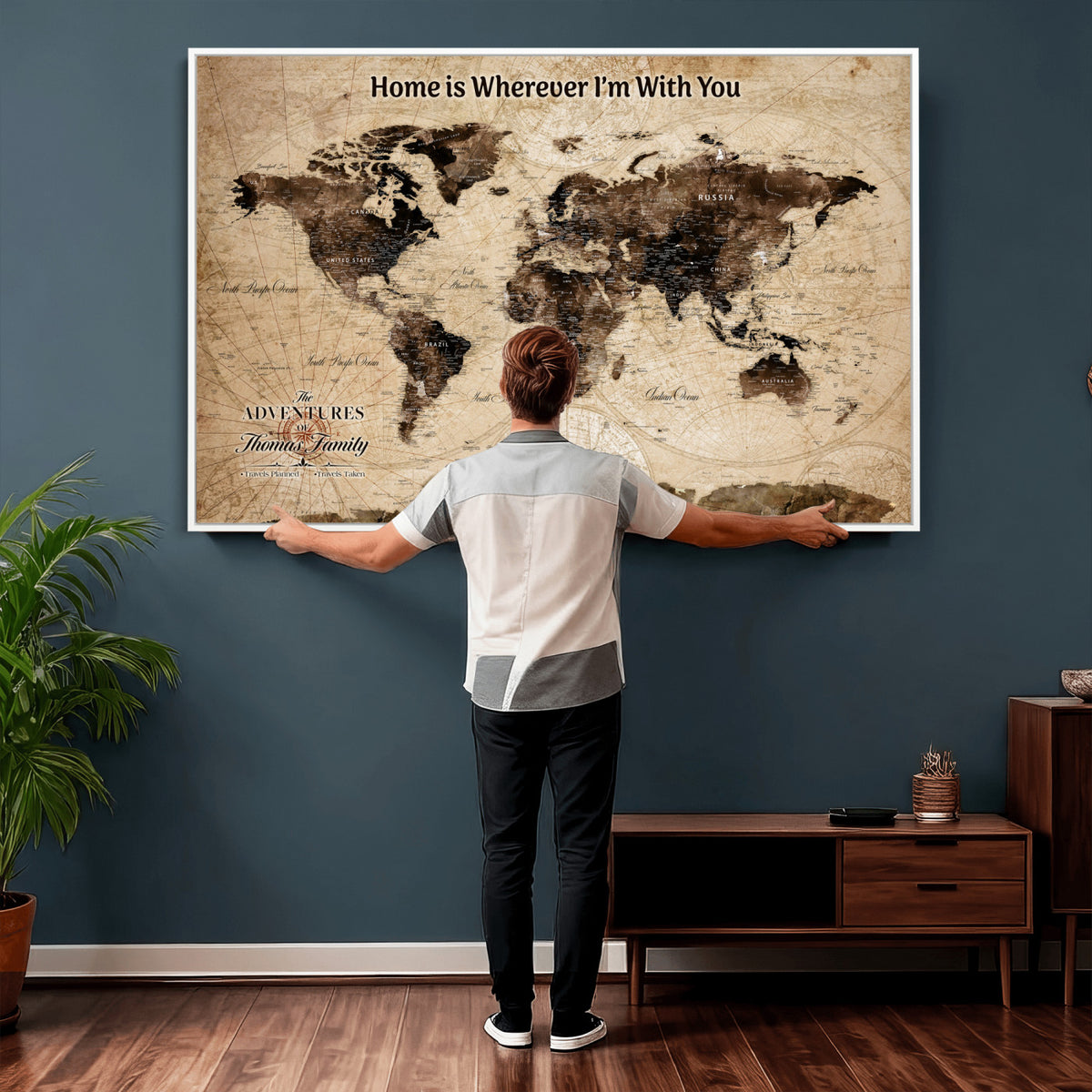 74771891-MGV-CV-36X24 - Personalized Framed Beige Modern World Travel Map Wall Art with Pins, Family Adventure Map, Living Room and Hallway Decor