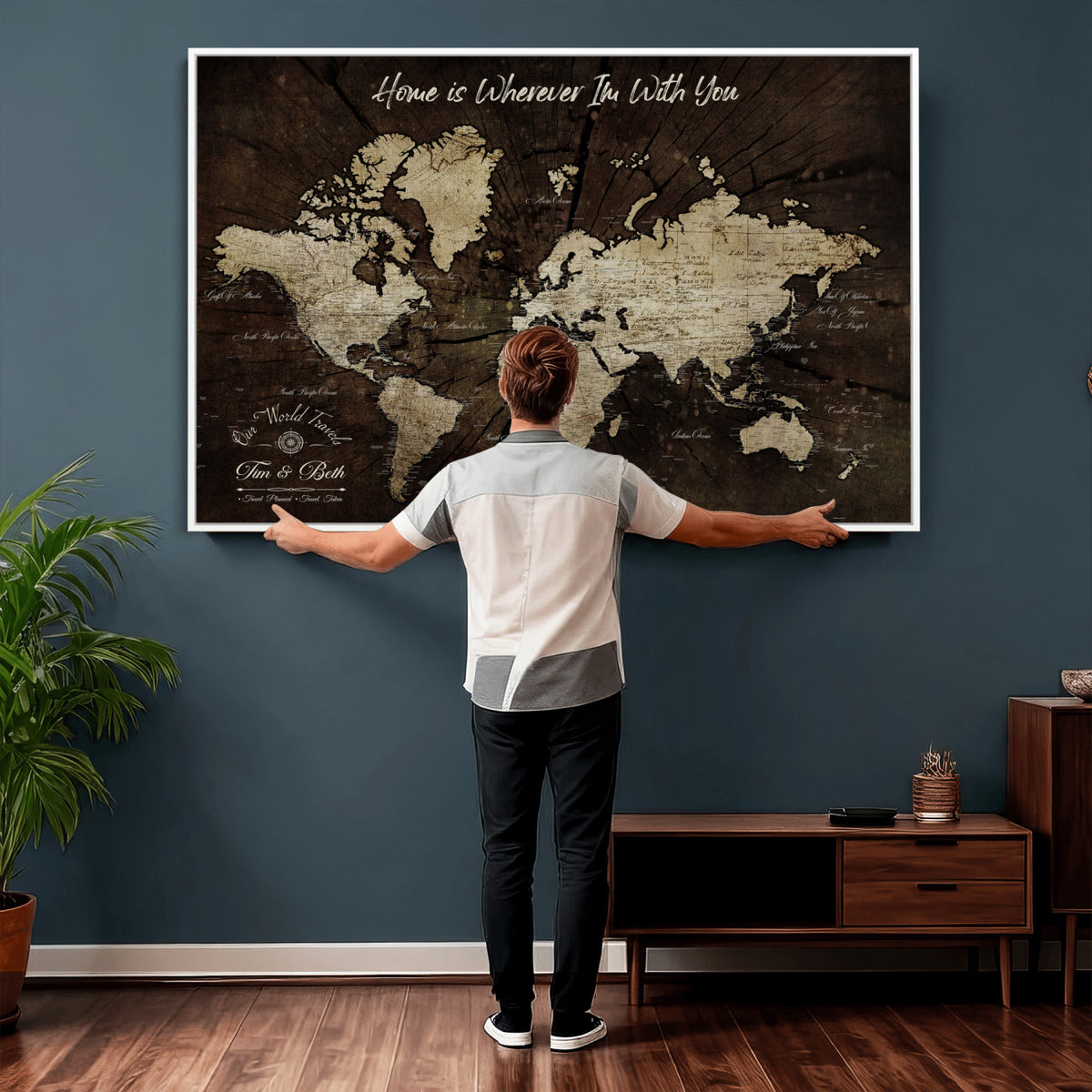 46573259-MGV-CV-36X24 - Personalized Watercolor Push Pin World Map Canvas Wall Art, Custom Framed Travel Map - NEWMAP-094