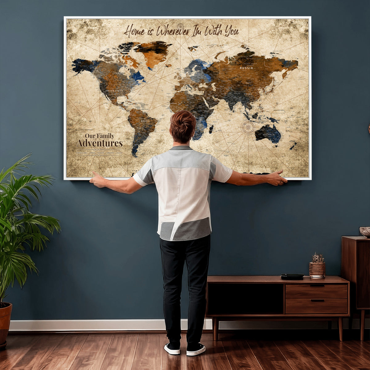 17548029-MGV-CV-36X24 - Personalized Framed Beige Modern Push Pin World Map Canvas Print, Bucket List Map, Home Office and Study Decor