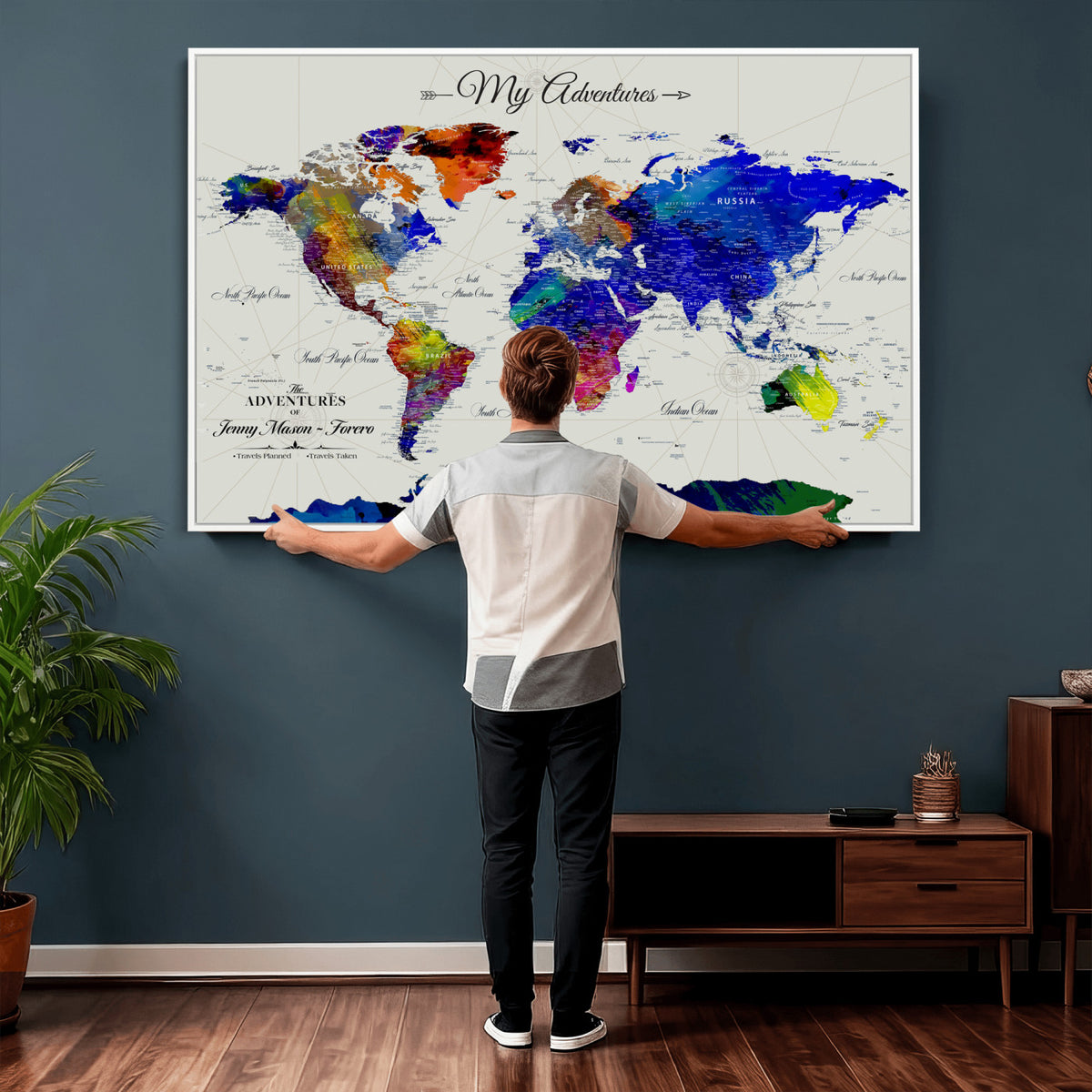 45423989-MGV-CV-36X24 - Detailed Custom Framed Beige Modern World Map Canvas with Push Pins, Honeymoon and Anniversary Gift, Dining Room and Home Office Decor