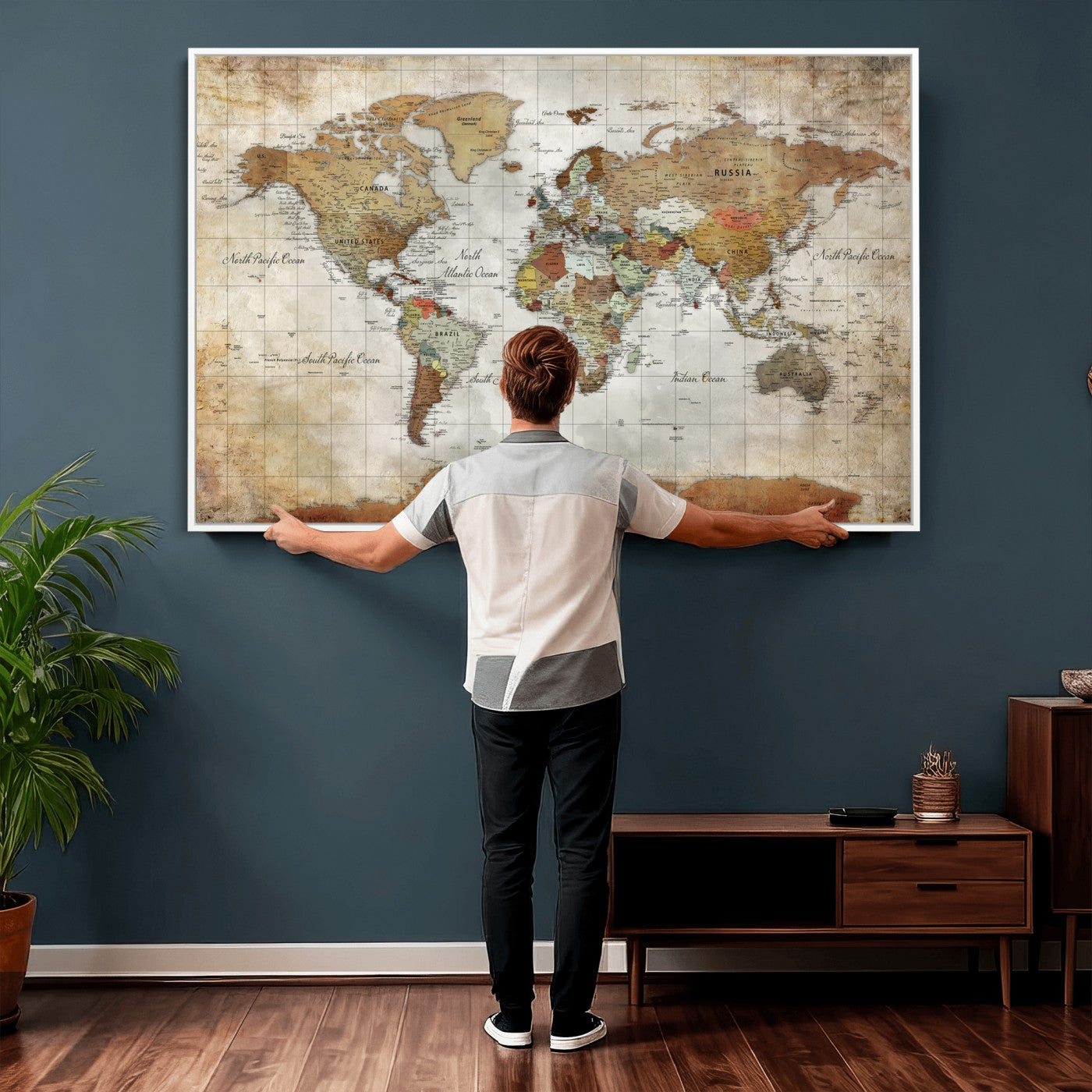 19855445-MGV-CV-36X24 - World Map Wall Art Canvas Print, Modern Decorative Framed Map Artwork Prints for Living Room, Office, Bedroom Wall Decor