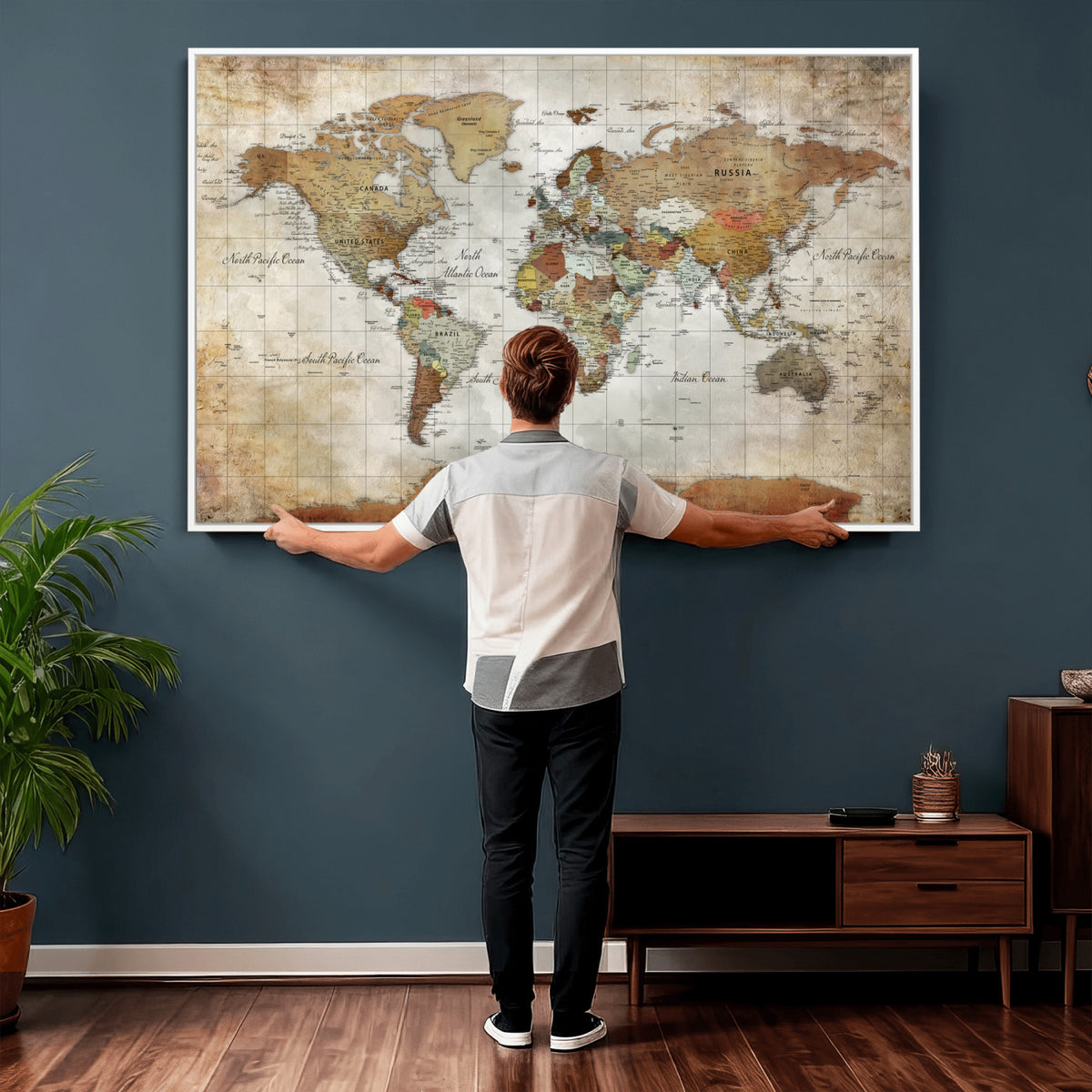 19855445-MGV-CV-36X24 - Custom Framed Modern Push Pin World Map Wall Art, Places Visited Tracker, Home Office and Entryway Decor