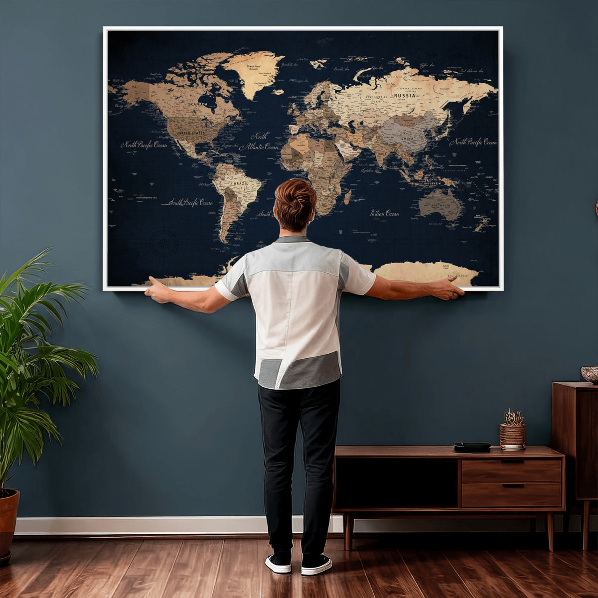 53971530-MGV-CV-36X24 - World Map Wall Art Canvas Print, Modern Decorative Framed Map Artwork Prints for Living Room, Office, Bedroom Wall Decor