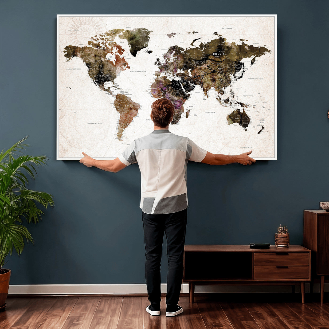 77651968-MGV-CV-36X24 - World Map Wall Art Canvas Print, Modern Decorative Framed Map Artwork Prints for Living Room, Office, Bedroom Wall Decor