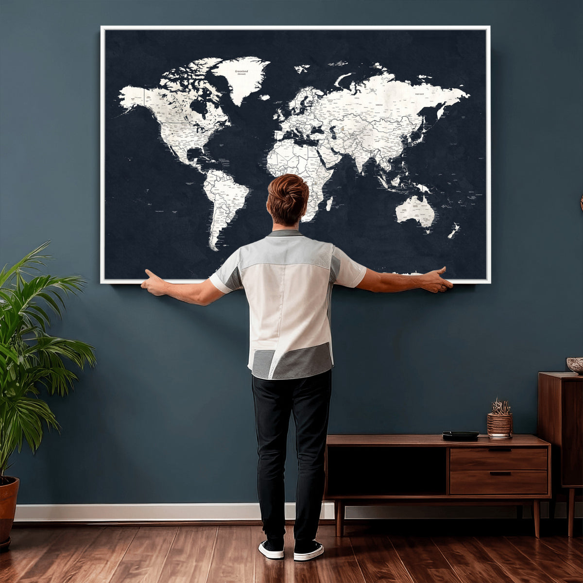 11963807-MGV-CV-36X24 - Black World Map Wall Art Canvas Print for Home Office and Meeting Room Decor
