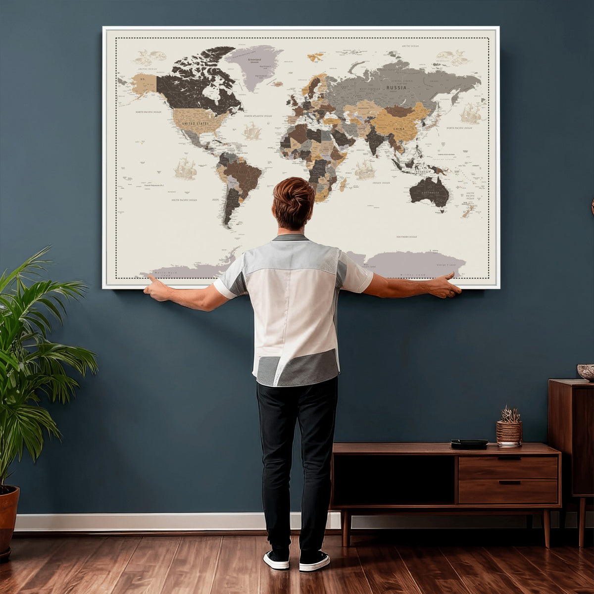 58777746-MGV-CV-36X24 - Custom Beige Modern Push Pin World Map Canvas Print, Places Visited Tracker, Bedroom and Study Decor