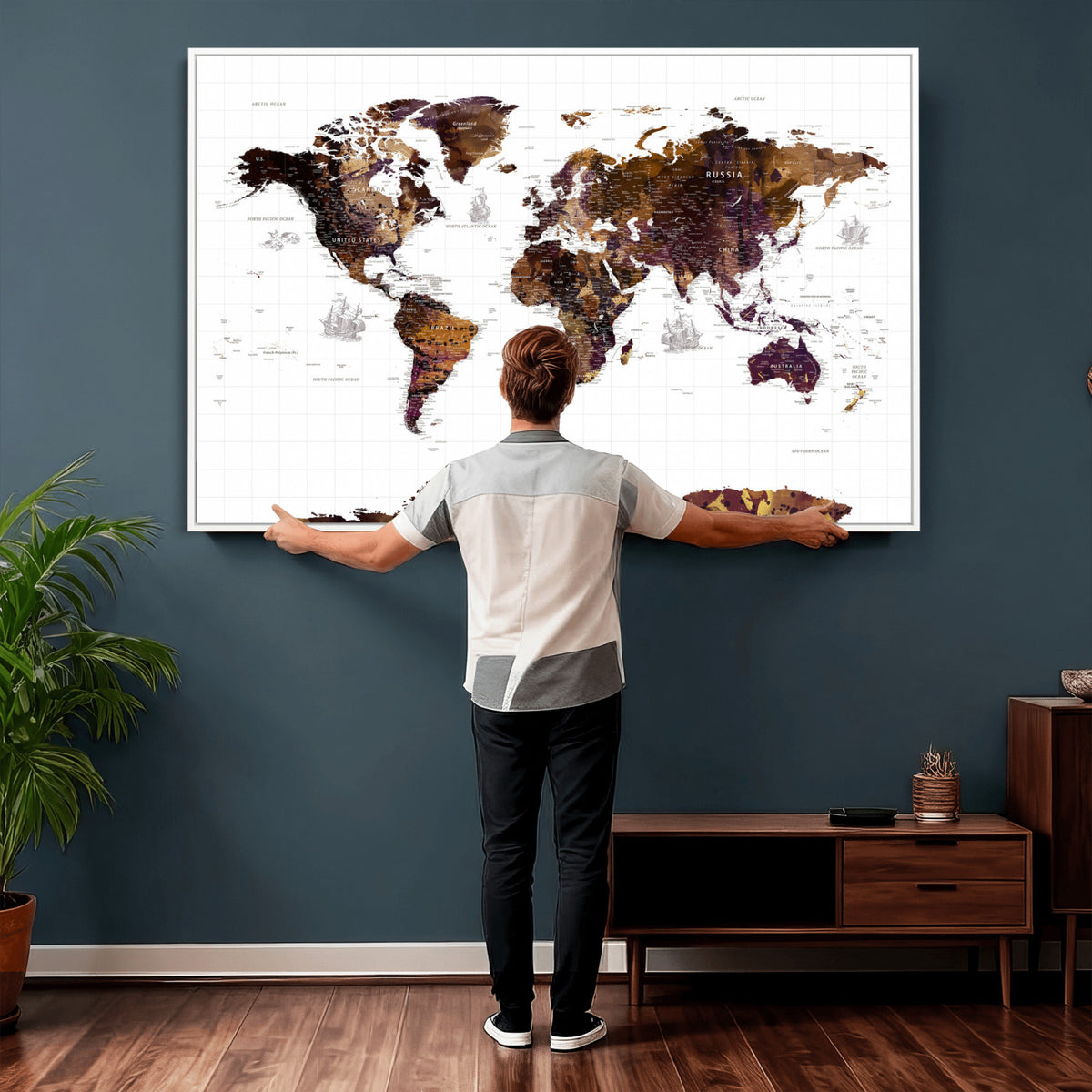 34792695-MGV-CV-36X24 - Rustic World Map Wall Art Canvas Print | Large Vintage Blue World Map on Wood Grain Style Background