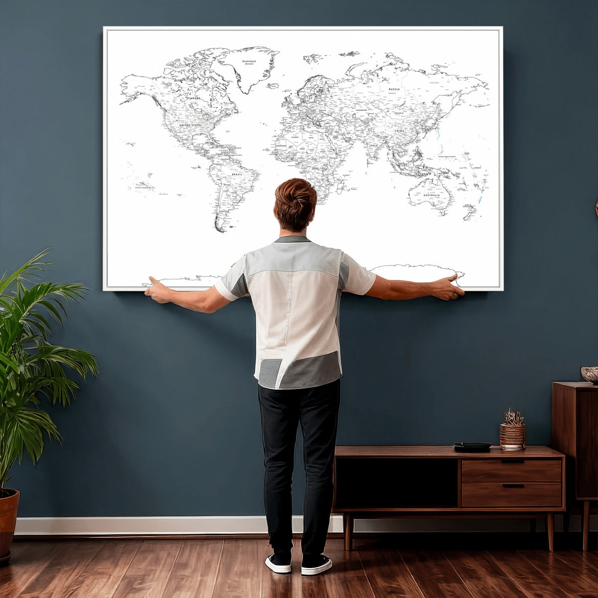21002736-MGV-CV-36X24 - World Map Canvas Print, Framed Modern Detailed Map of the World for Home or Office