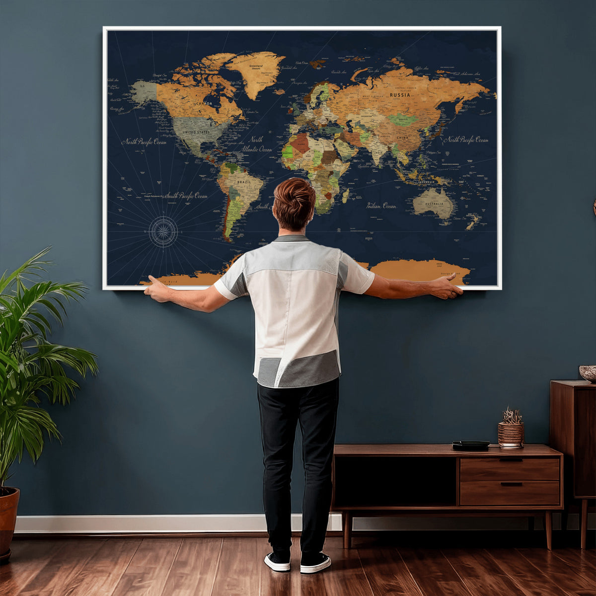 11715182-MGV-CV-36X24 - Modern World Map Canvas Print, Framed Detailed Map of the World Wall Art